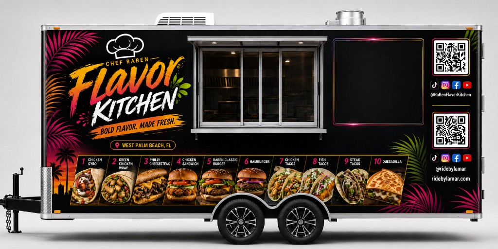 Flavor Kitchen food truck — service window and menu wrap