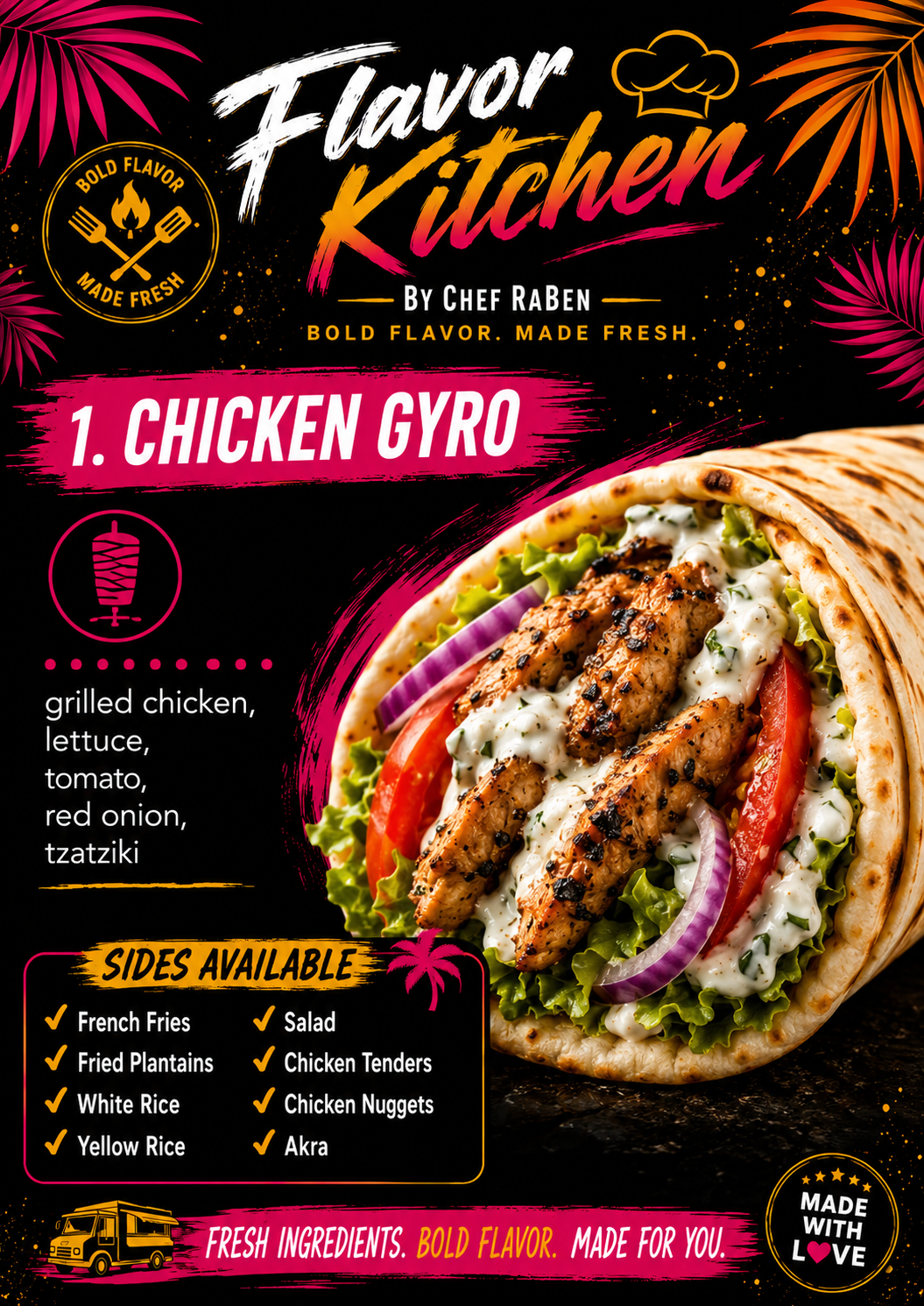Flavor Kitchen menu poster for Chicken Gyro by Chef RaBen
