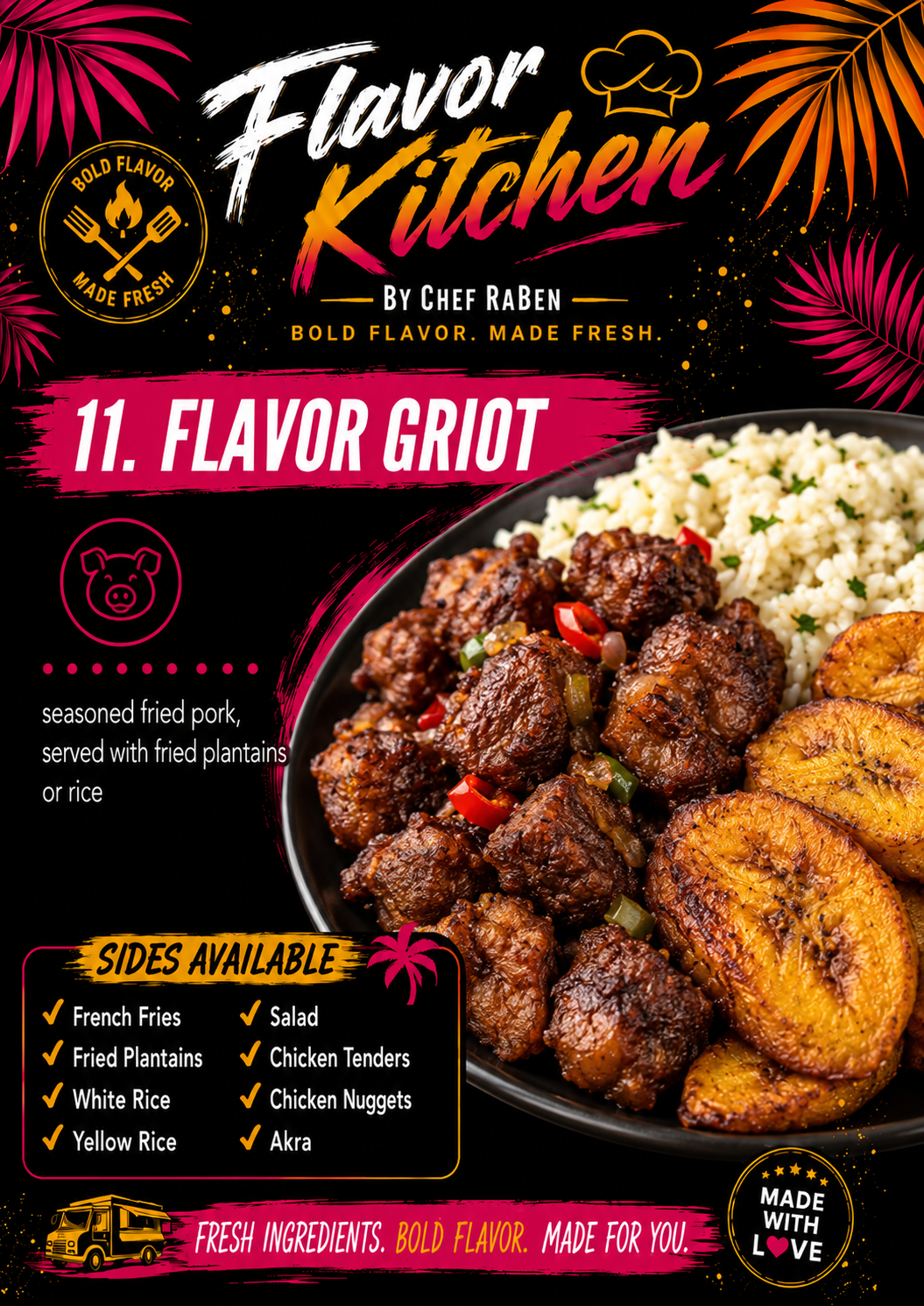 Flavor Kitchen menu poster for Flavor Griot by Chef RaBen