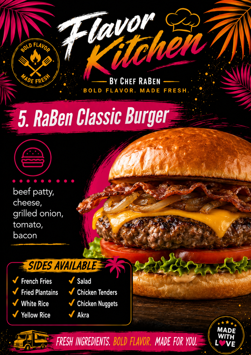 Flavor Kitchen menu poster for RaBen Classic Burger by Chef RaBen